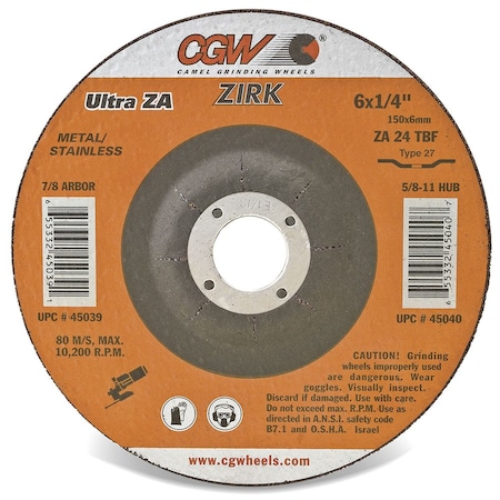 CGW Abrasives 35621 Depressed Center Wheel 4-1/2 X 1/4 X 5/8- 11 INT T27 24 Grit Aluminum Oxide